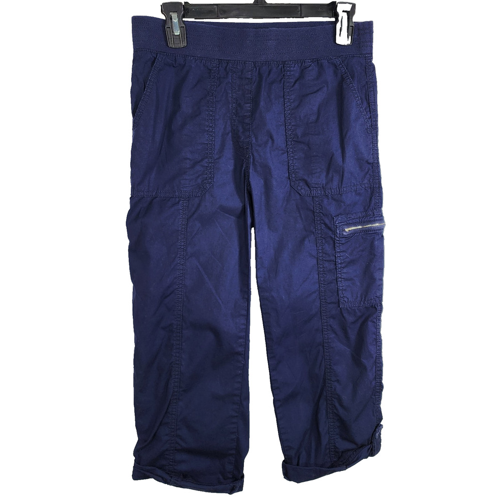 Chico's Women Poplin Cropped Roll Tab Pants US 0 Passport Blue Cargo Zip Pull On